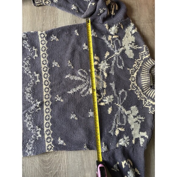 Vtg Cambridge Spirit Cottagecore Blue Floral Jacquard Bow Mock Neck Sweater M - Picture 6 of 9